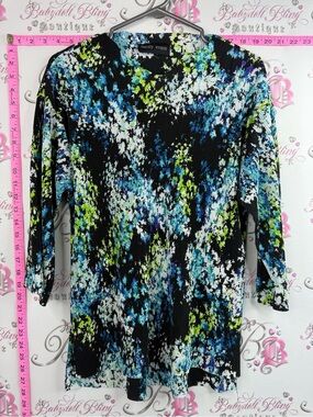 Mandy Evans shirt pleated Black Abstract Floral Ribbed Top - Blue & Green